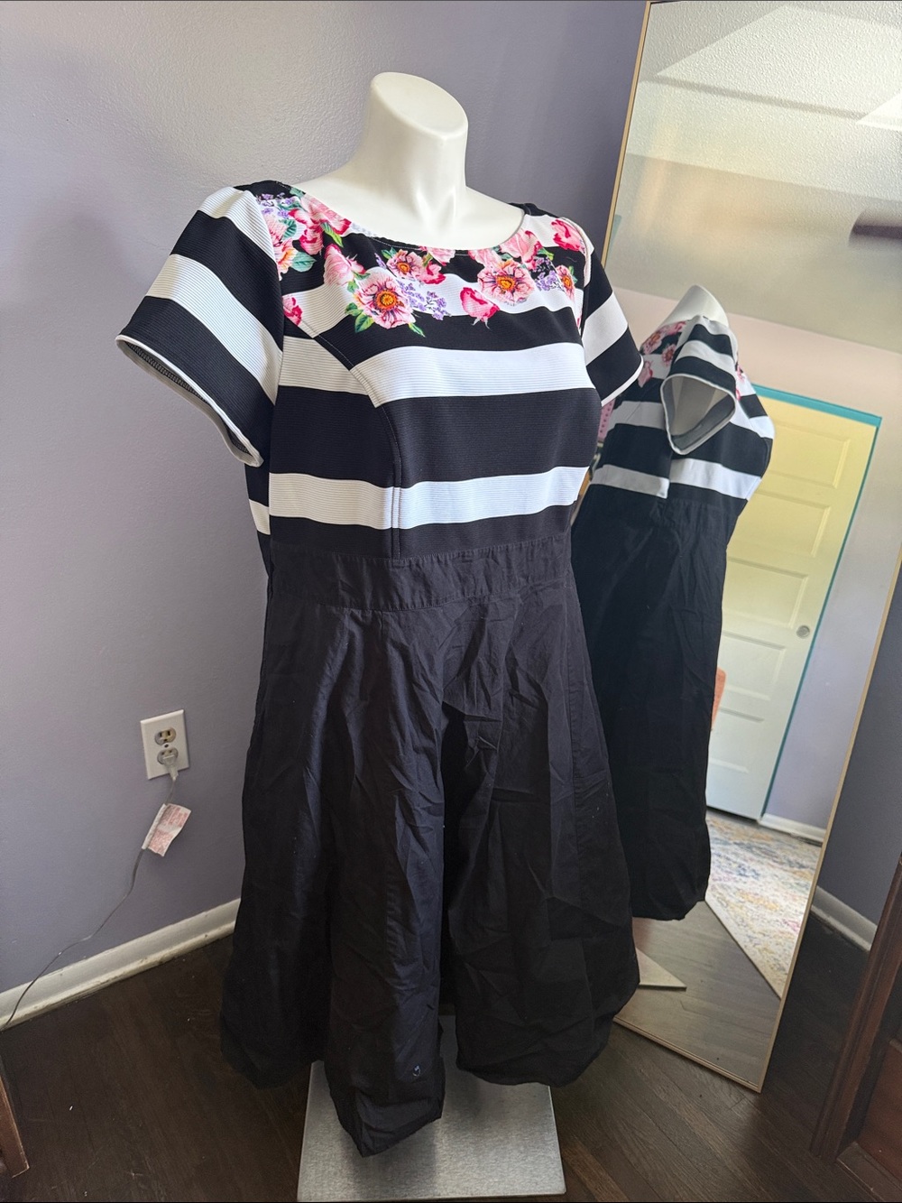 eshakti Black & White Striped Midi Dress with Pink Floral Yoke